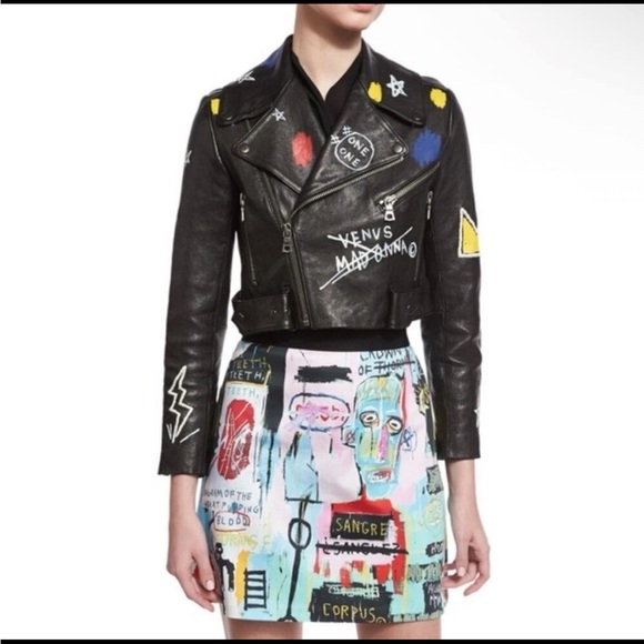 New Alice + Olivia x Basquiat Cody Lamb Leather Embelished Moto Jacket